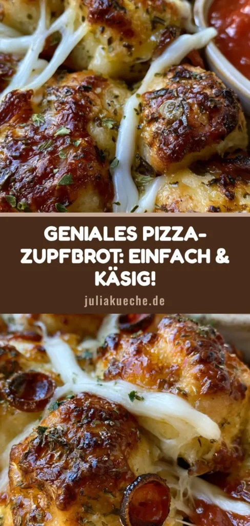 Nahaufnahme von goldbraunem Pizza Zupfbrot mit geschmolzenem Mozzarella, Salami und Kräutern auf einem runden Teller.