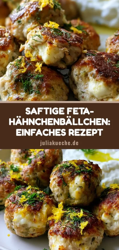 Mediterrane Hähnchen-Fleischbällchen mit Feta und frischem Dill 4 Goldbraun gebratene mediterrane Hähnchen-Fleischbällchen mit Feta, Dill und Zitronenzesten auf einem weißen Teller mit Tzatziki.