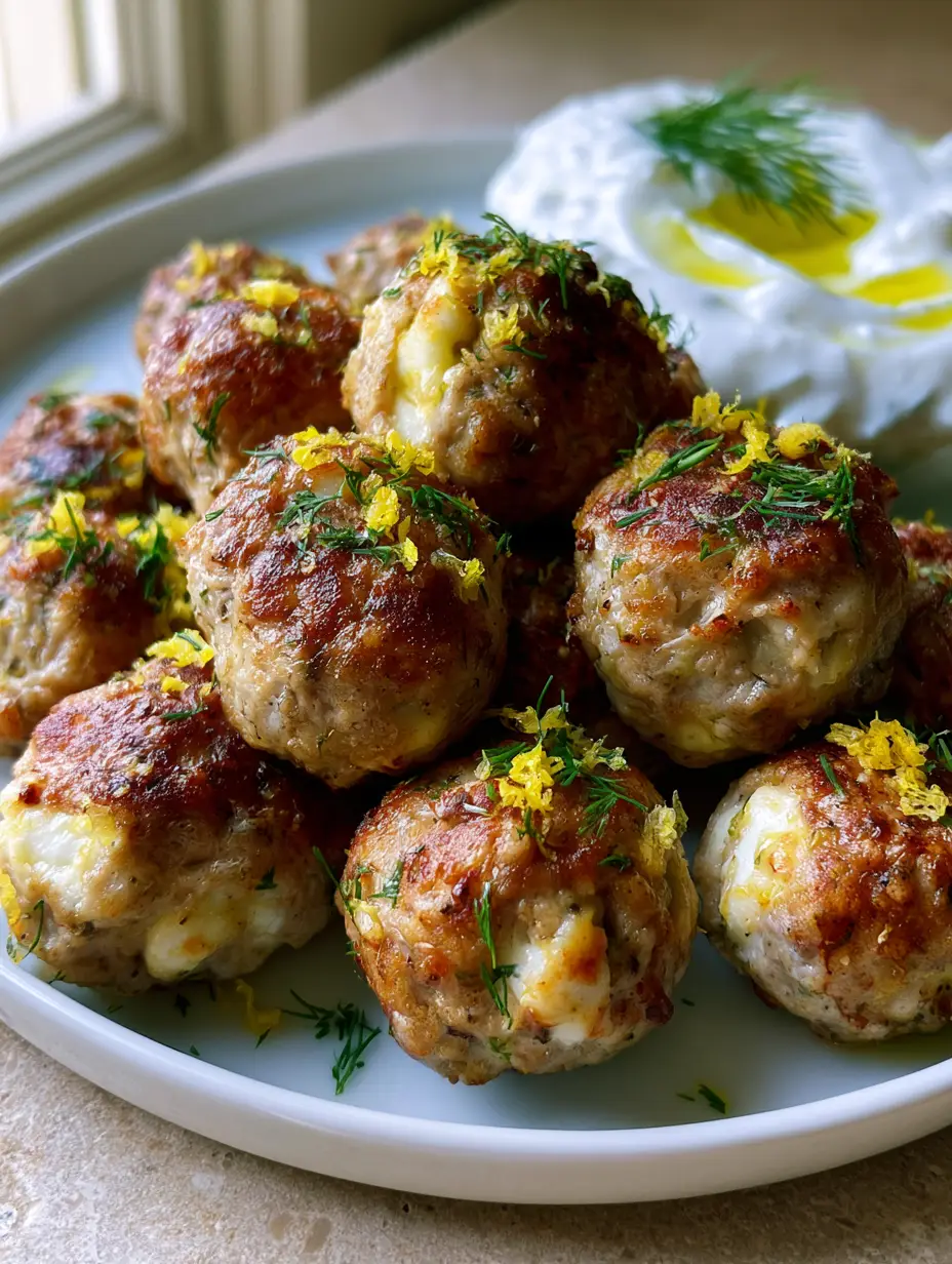 Mediterrane Hähnchen-Fleischbällchen mit Feta und frischem Dill 3 Nahaufnahme von mediterranen Hähnchen-Fleischbällchen mit sichtbaren geschmolzenen Feta-Stücken im Inneren.