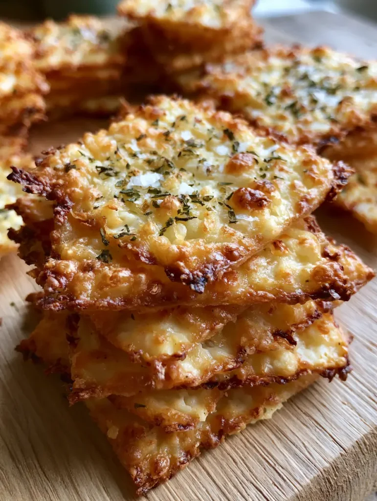 Hüttenkäse Cracker: Das knusprigste Low Carb Rezept mit nur 2 Zutaten 1 Ein Stapel selbstgemachter Hüttenkäse Cracker, dünn und knusprig gebacken.