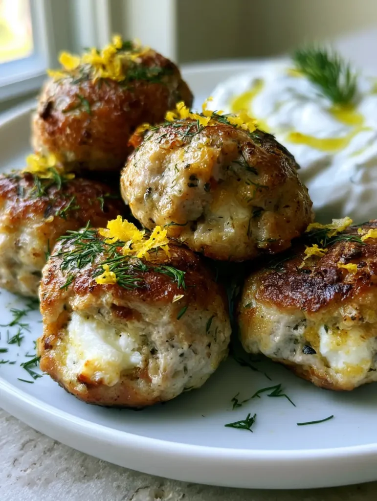 Mediterrane Hähnchen-Fleischbällchen mit Feta und frischem Dill 1 Mediterrane Hähnchen-Fleischbällchen serviert auf einem minimalistischen Teller mit cremigem Tzatziki und frischem Dill.