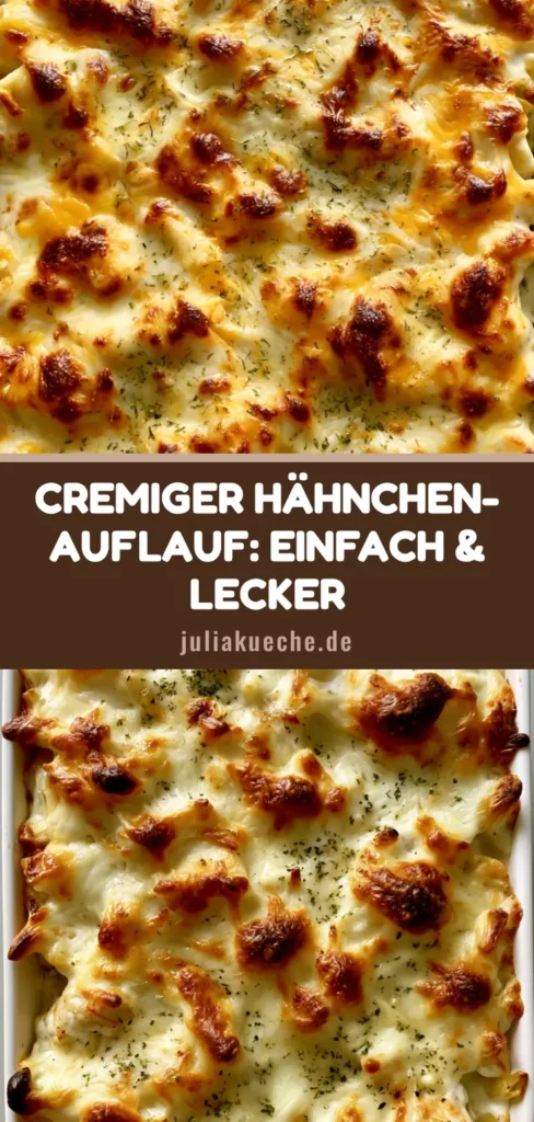 Hähnchen-Nudel-Auflauf: Das ultimative Rezept für cremigen Genuss 4 Draufsicht auf einen Hähnchen-Nudel-Auflauf in einer rechteckigen Auflaufform mit geschmolzenem Mozzarella und Cheddar sowie Kräutern.