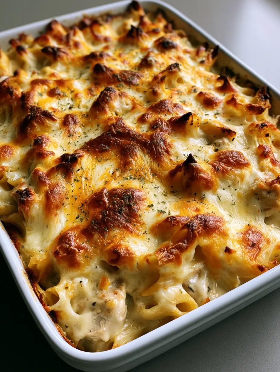 Hähnchen-Nudel-Auflauf: Das ultimative Rezept für cremigen Genuss 3 Nahaufnahme von saftigem Hähnchen und Penne in einer dicken, weißen Sahnesauce im Hähnchen-Nudel-Auflauf.