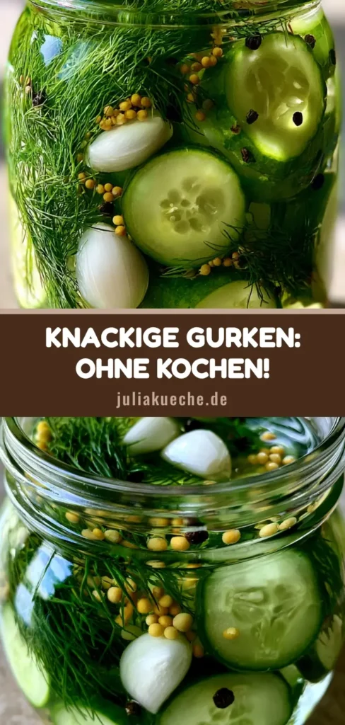 Ein Einmachglas mit frisch eingelegten Gurkenscheiben, Dill, Knoblauchzehen und Senfkörnern in einem klaren Sud. (Gurken einlegen)