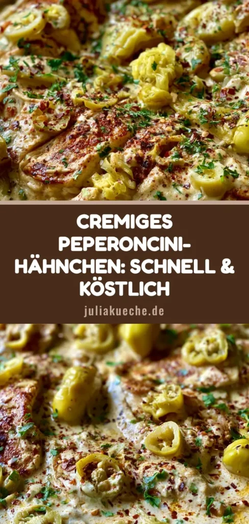 Peperoncini-Hähnchen: Das cremigste Pfannengericht für Genießer 4 Cremiges Peperoncini-Hähnchen serviert in einer rustikalen Gusseisenpfanne mit gelben Peperoncini und Petersilie.
