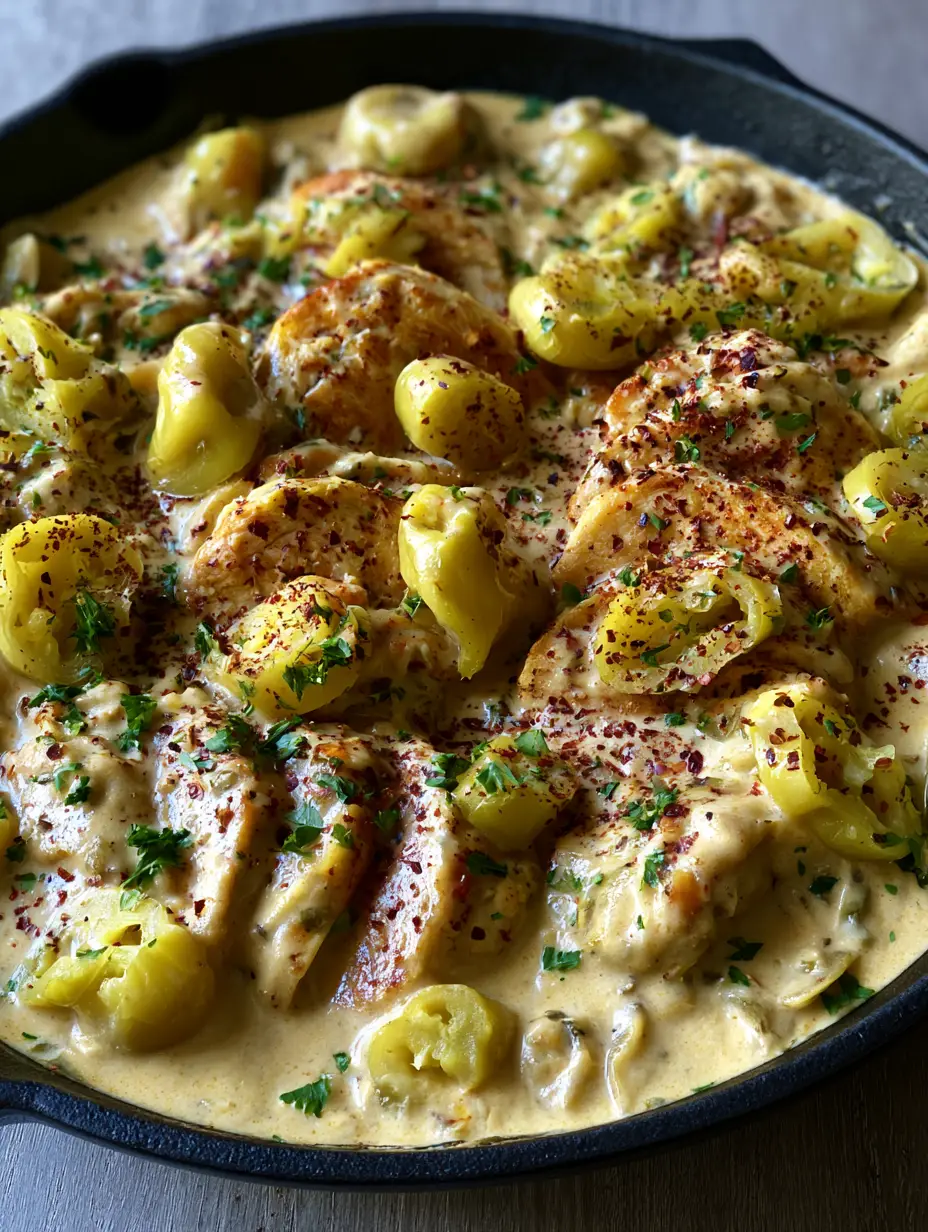 Peperoncini-Hähnchen: Das cremigste Pfannengericht für Genießer 3 Nahaufnahme von angebratener Hähnchenbrust in einer hellen Sahnesauce mit gelben Peperoncini-Ringen.