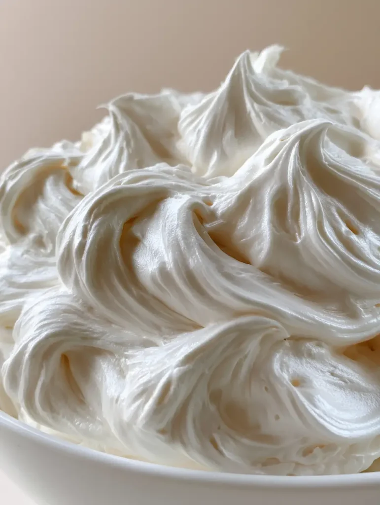 Italienische Meringue Buttercreme: Das ultimative Rezept für samtige Tortenträume 1 Luftige weiße Buttercreme Spitzen in einer weißen Keramikschüssel.