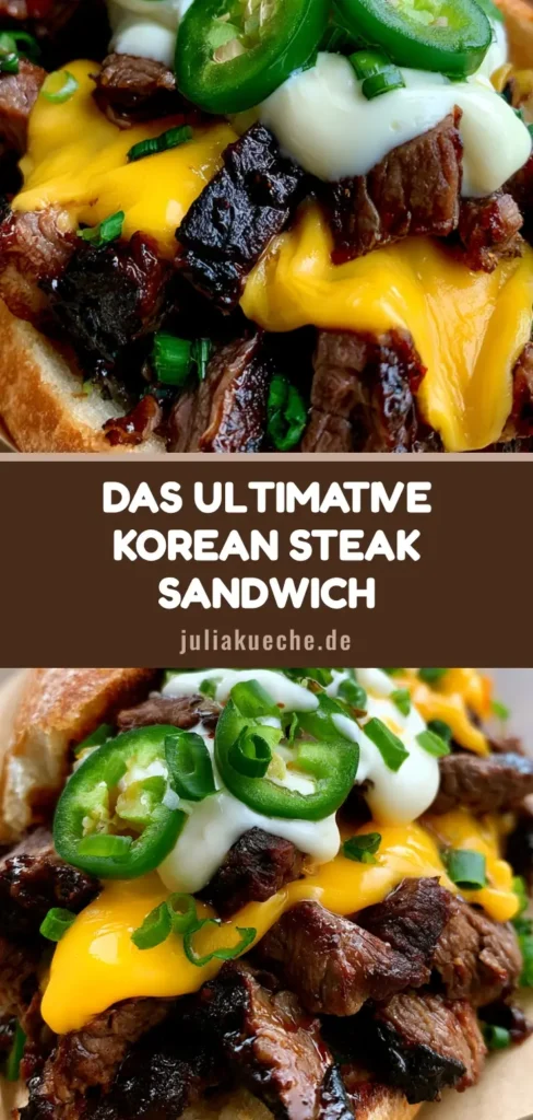 Korean Steak Sandwich: Das ultimative Fusion-Rezept für Fleischliebhaber 4 Ein köstliches Korean Steak Sandwich in Papier eingewickelt auf einem Holztisch, mit geschmolzenem Käse, Jalapeños und Knoblauch-Mayonnaise.