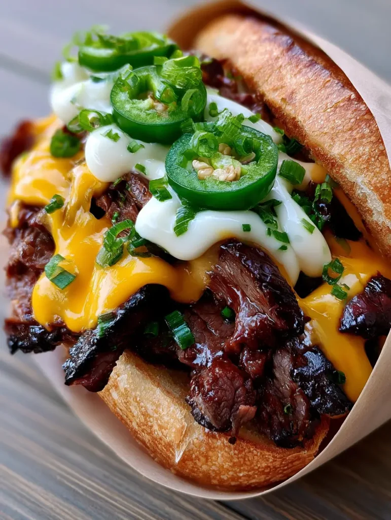 Korean Steak Sandwich: Das ultimative Fusion-Rezept für Fleischliebhaber 2 Nahaufnahme eines Korean Steak Sandwichs mit knusprigen Fleischrändern, geschmolzenem Cheddar und cremiger weißer Sauce.
