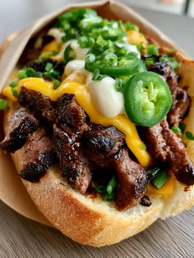 Korean Steak Sandwich: Das ultimative Fusion-Rezept für Fleischliebhaber 1 Korean Steak Sandwich mit viel frischen Jalapeños und Frühlingszwiebeln in der Hand gehalten.