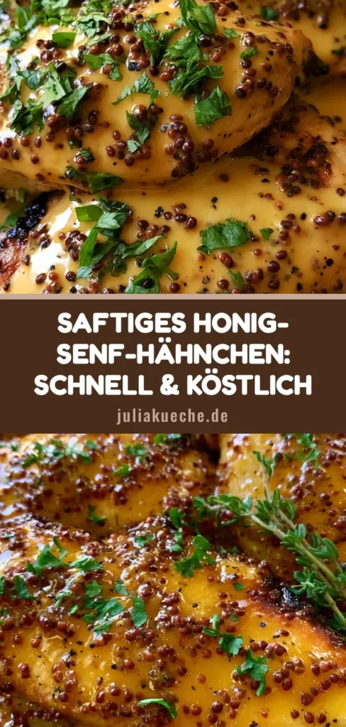 Nahaufnahme von drei goldbraun glasierten Honig-Senf-Hähnchenbrüsten mit sichtbaren Senfkörnern und Thymian auf einem rustikalen dunklen Teller.