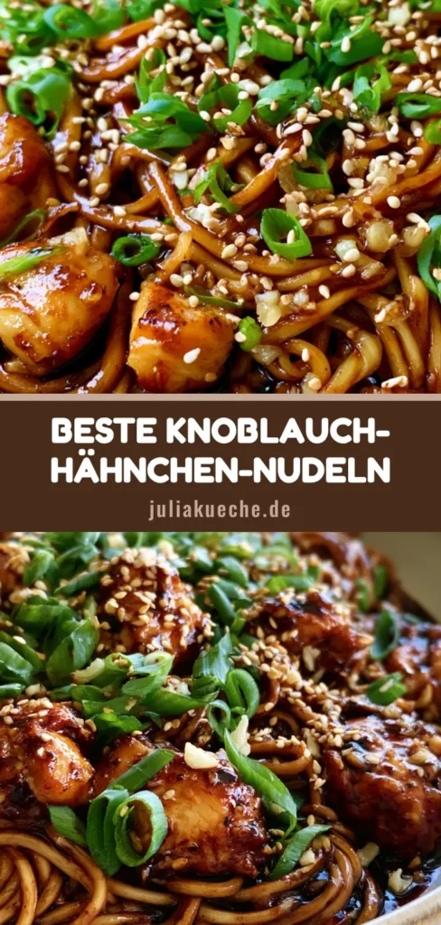 Eine Schüssel mit dunklen, glänzenden Knoblauch Hähnchen Nudeln, garniert mit Sesam und Frühlingszwiebeln.