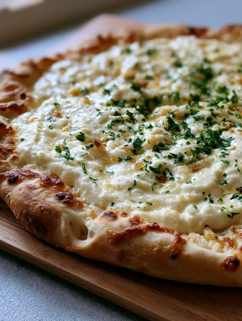 Cremige weiße Knoblauchsauce gleichmäßig auf einem Pizza-Boden verteilt.