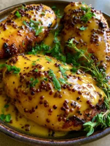 Draufsicht auf saftiges Honig-Senf-Hähnchen in der Pfanne mit dunkler, karamellisierter Honig-Senf-Sauce und frischen Kräutern.
