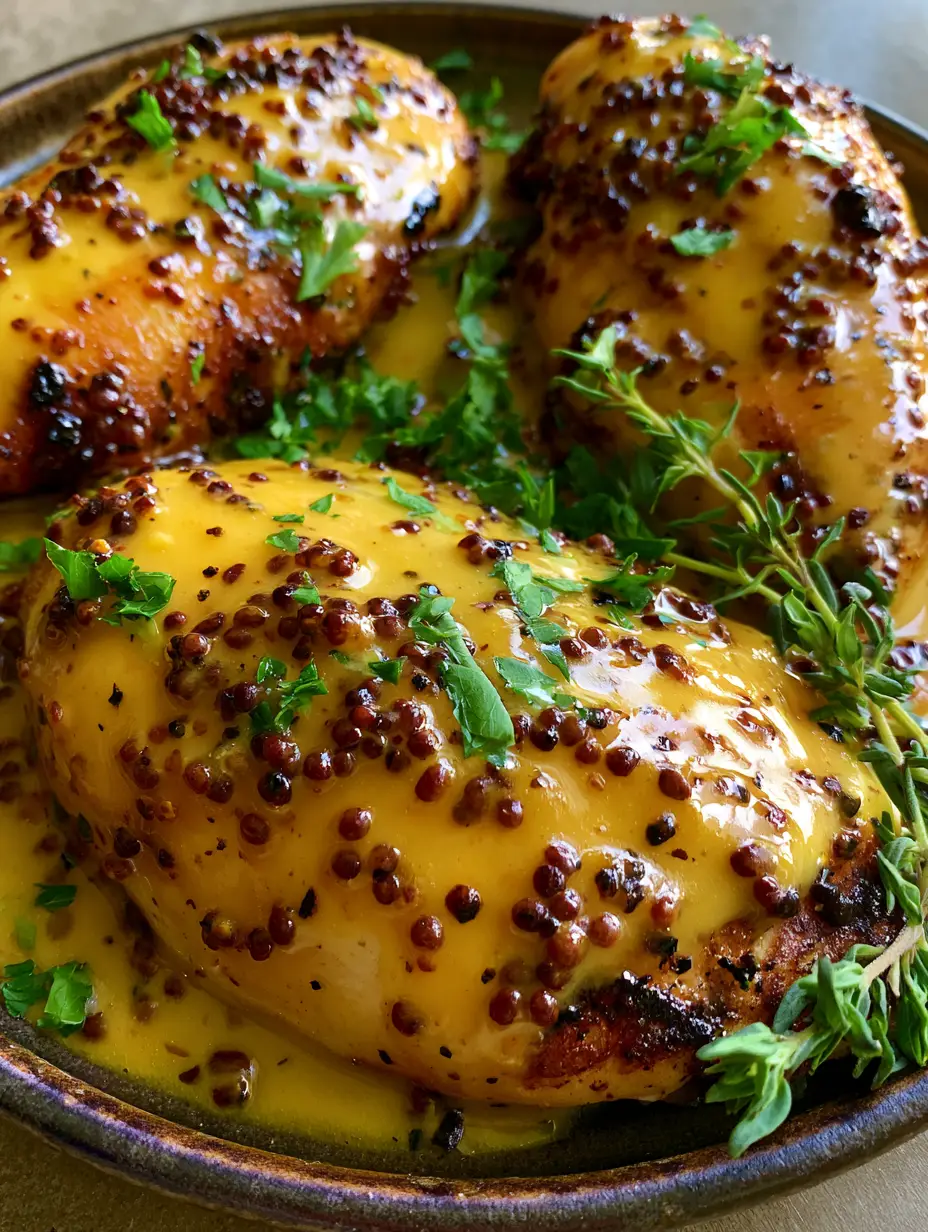 Draufsicht auf saftiges Honig-Senf-Hähnchen in der Pfanne mit dunkler, karamellisierter Honig-Senf-Sauce und frischen Kräutern.