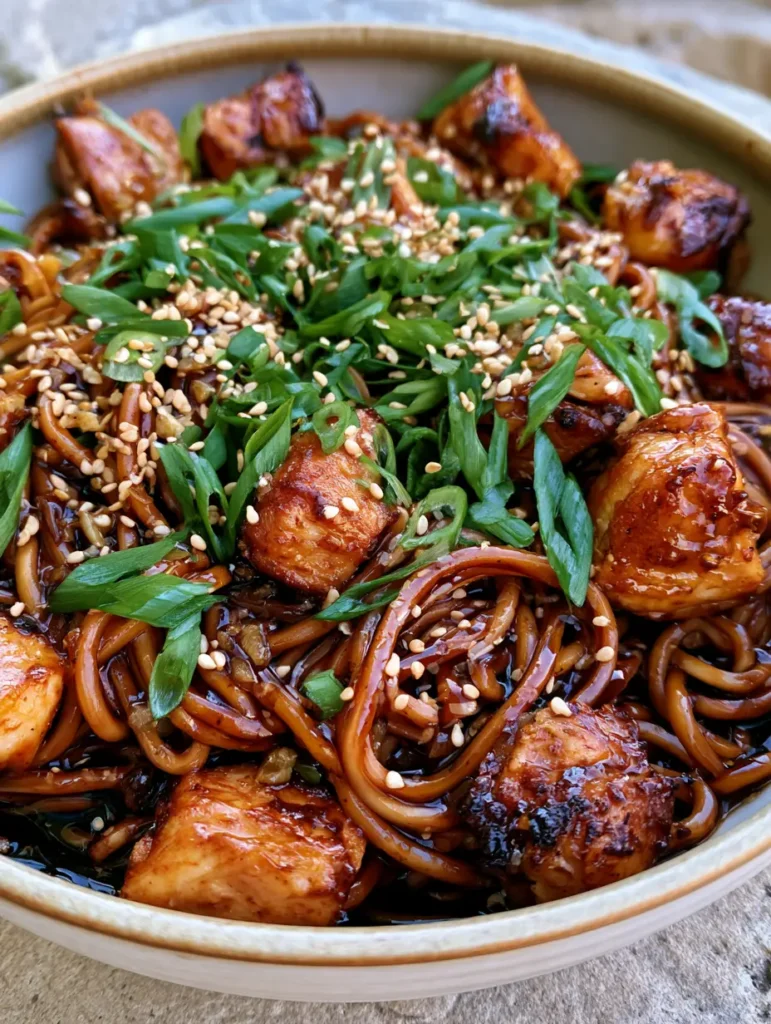 Saftig gebratene Hähnchenstücke in einer asiatischen Knoblauch-Sauce mit Weizennudeln.