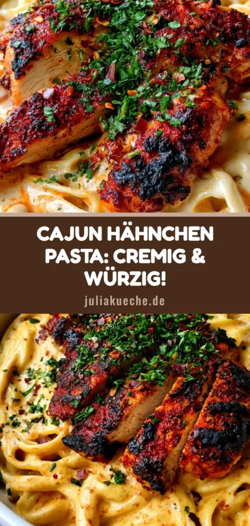 Draufsicht auf eine weiße Schüssel mit cremiger Cajun Hähnchen Pasta, garniert mit Petersilie und Chiliflocken auf dunklem Schiefer.
