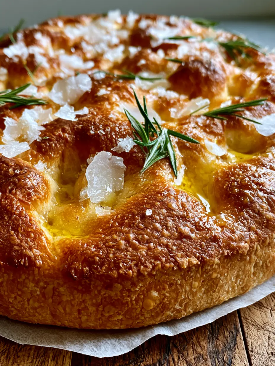 Nahaufnahme einer Sauerteig Focaccia mit glänzendem Olivenöl und frischem Rosmarin in den Teigmulden.