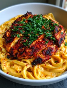Nahaufnahme von cremigen Fettuccine in oranger Cajun-Sauce mit gebratenen Hähnchenstreifen.
