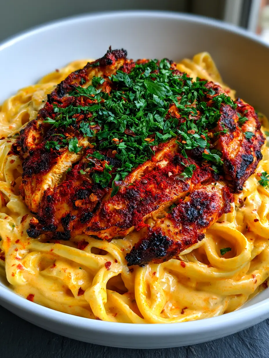 Nahaufnahme von cremigen Fettuccine in oranger Cajun-Sauce mit gebratenen Hähnchenstreifen.