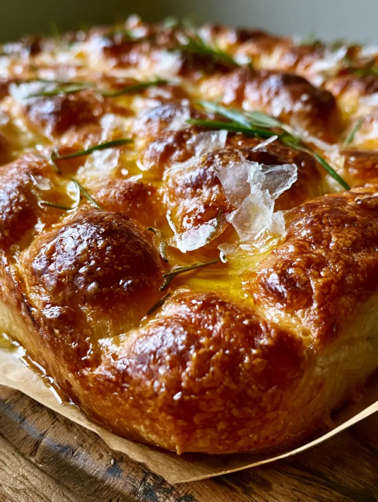 Sauerteig Focaccia frisch aus dem Ofen mit groben Meersalz-Flocken auf einer rustikalen Holzoberfläche.