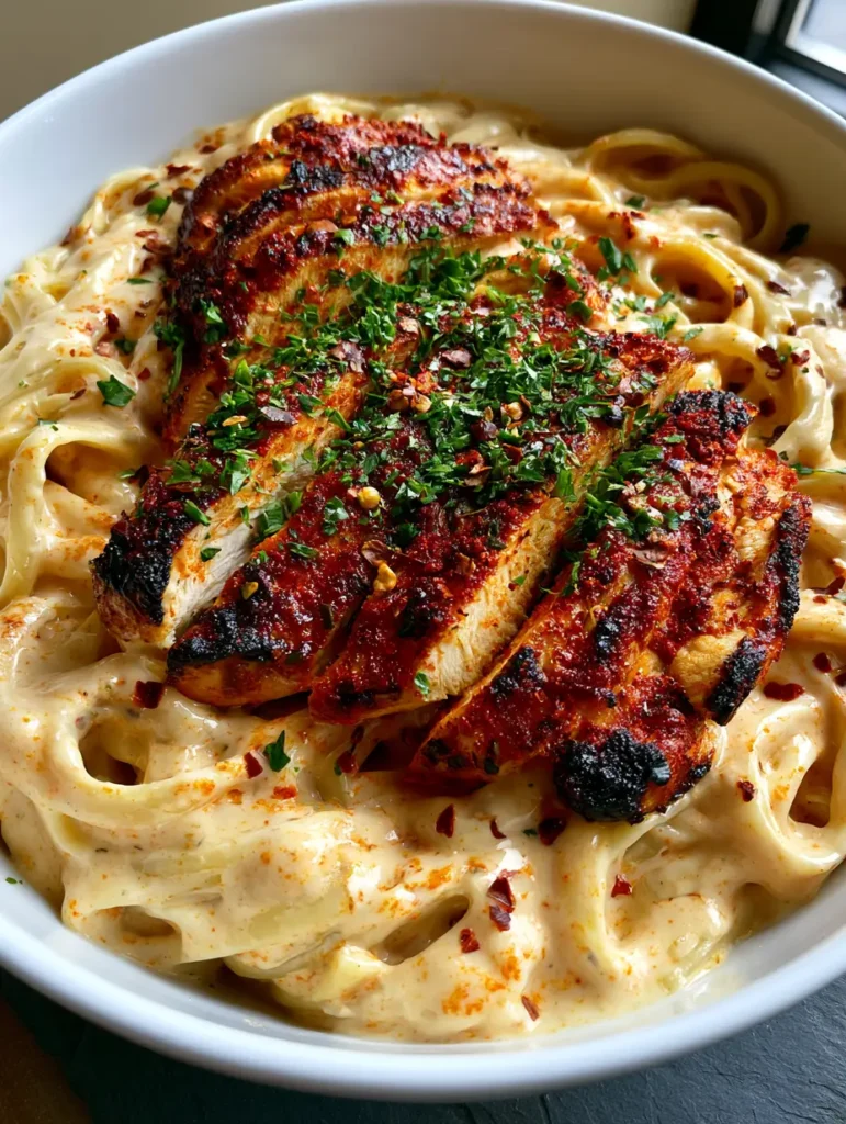 Portion Cajun Hähnchen Pasta mit scharf angebratenem Hähnchen und frischen Kräutern.