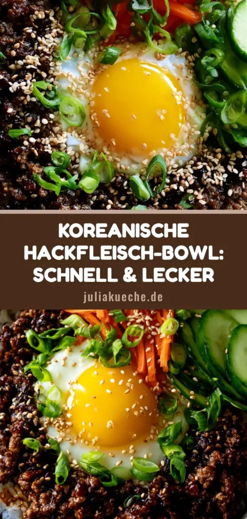 Bulgogi-Bowl mit Hackfleisch: Das ultimative 20-Minuten-Rezept 3 Nahaufnahme einer Bulgogi-Bowl mit Hackfleisch, flüssigem Spiegelei, Karotten und Gurken auf Reis.
