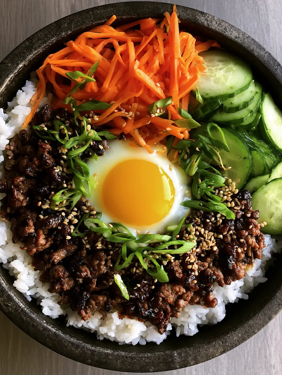 Bulgogi-Bowl mit Hackfleisch: Das ultimative 20-Minuten-Rezept 4 Draufsicht auf eine koreanische Bulgogi-Bowl mit Hackfleisch in einer Steinschale auf Holzhintergrund.