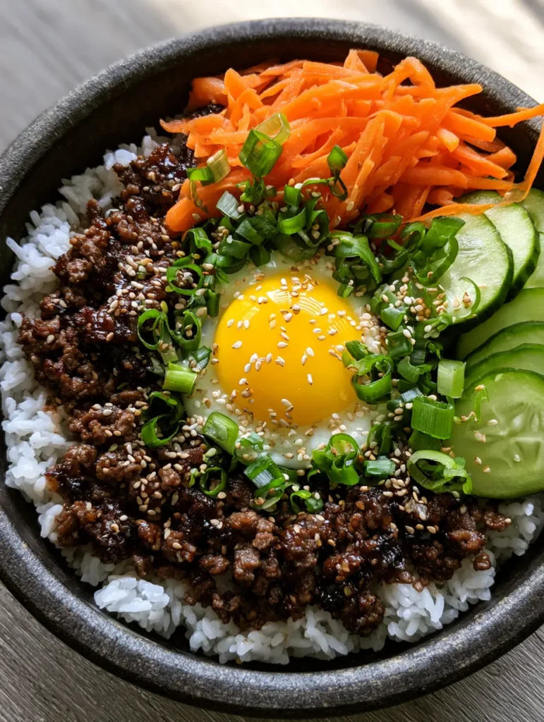 Bulgogi-Bowl mit Hackfleisch: Das ultimative 20-Minuten-Rezept 1 Bulgogi-Bowl mit Hackfleisch, detaillierte Ansicht der karamellisierten Fleischkrümel und Gemüsestreifen.