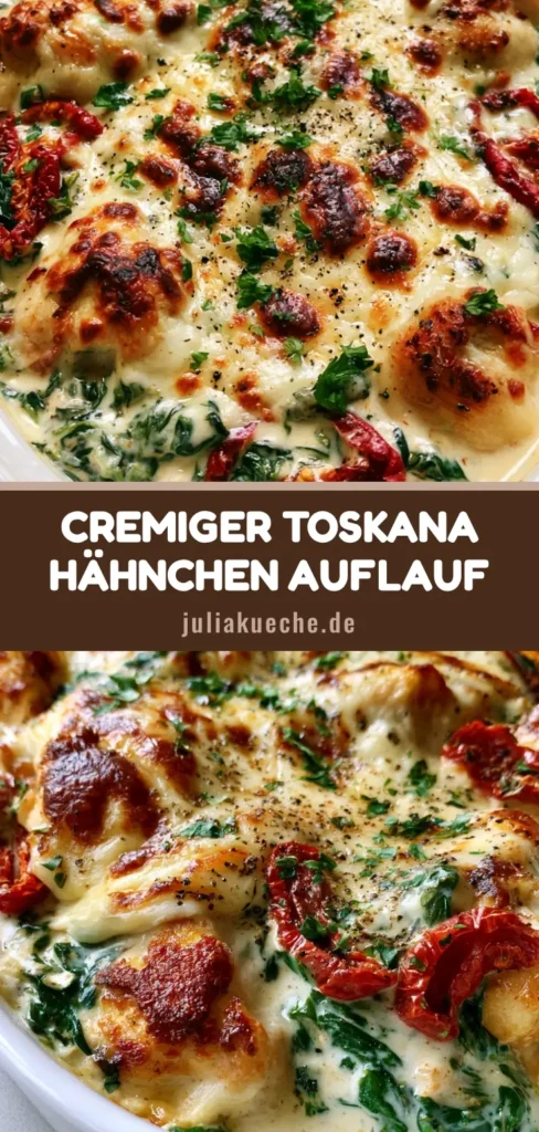 Hähnchen-Auflauf Toskana Art: Cremig, würzig & unwiderstehlich 4 Draufsicht auf einen Hähnchen-Auflauf Toskana Art mit geschmolzenem Mozzarella, Spinat und getrockneten Tomaten.