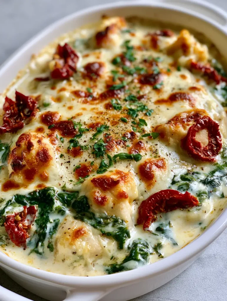 Hähnchen-Auflauf Toskana Art: Cremig, würzig & unwiderstehlich 1 Frisch gebackener Hähnchen-Auflauf Toskana Art mit Blasen schlagendem Käse und frischer Petersilie.