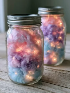 Nahaufnahme eines DIY Leuchtglas mit Fokus auf die feinen Glitzerpartikel und die leuchtende Watte.