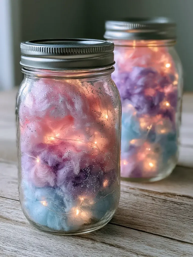 Nahaufnahme eines DIY Leuchtglas mit Fokus auf die feinen Glitzerpartikel und die leuchtende Watte.
