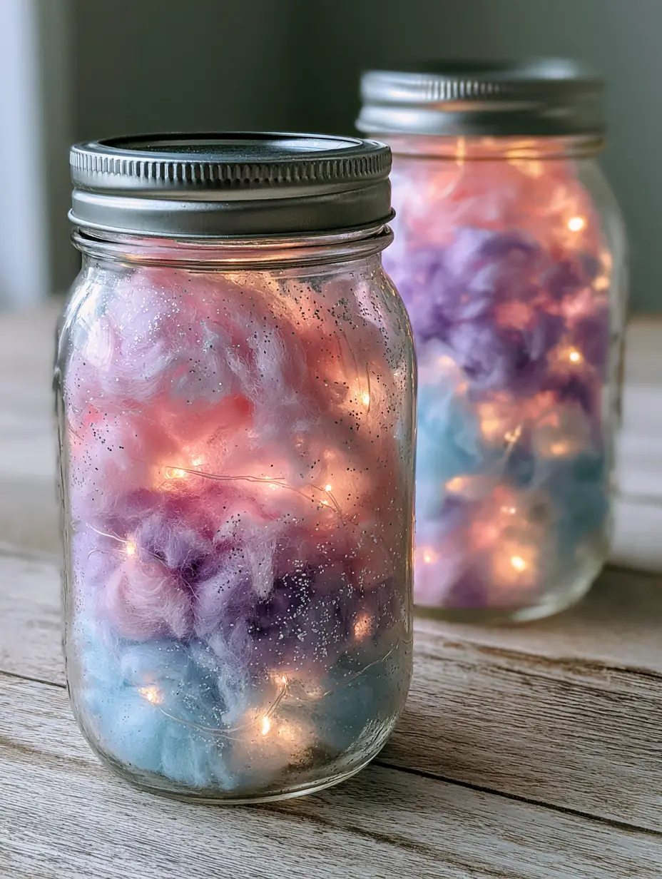 Nahaufnahme eines DIY Leuchtglas mit Fokus auf die feinen Glitzerpartikel und die leuchtende Watte.