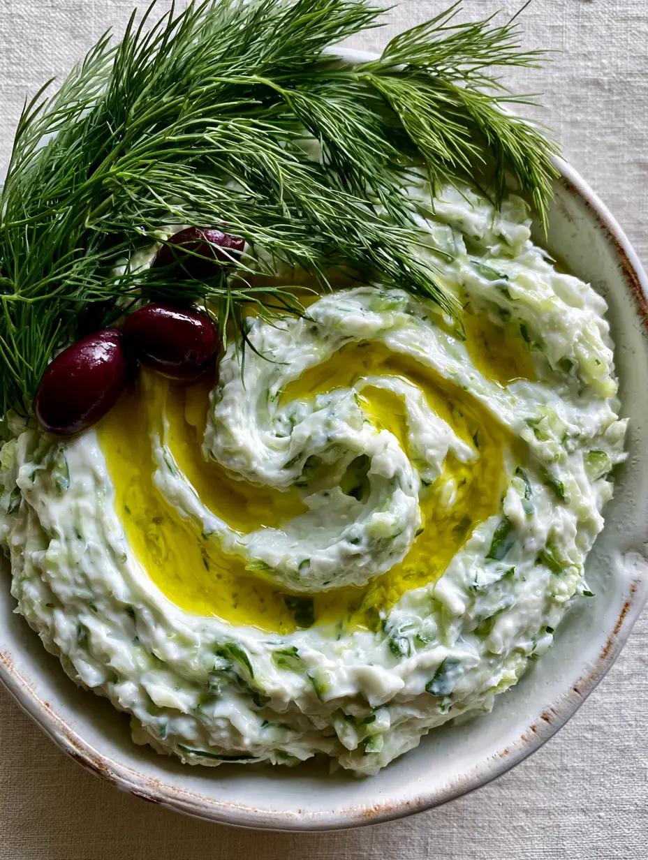 Tzatziki Rezept: Das Geheimnis für das cremigste griechische Original 4 Draufsicht auf eine rustikale Schale mit Tzatziki Rezept, dekoriert mit Oliven und Dill auf Leinen.
