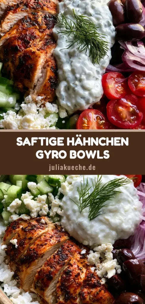 Eine köstliche Hähnchen Gyro Bowl mit gegrilltem Fleisch, Reis, Feta, Oliven und Tzatziki in einer rustikalen Schüssel.
