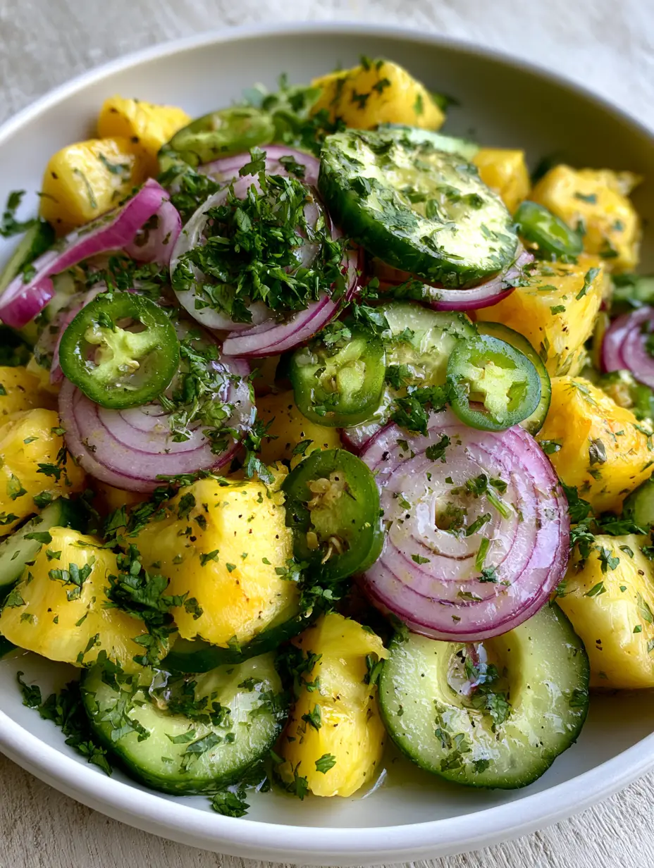Ananas-Gurken-Salat: Das ultimative Rezept für fruchtige Frische 3 Nahaufnahme eines Ananas-Gurken-Salat mit frischen Jalapeños und Limettendressing.