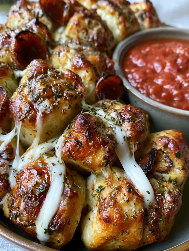 Vogelperspektive auf ein fertiges Pizza Zupfbrot in einer Auflaufform mit einer Schale Marinara-Sauce daneben.