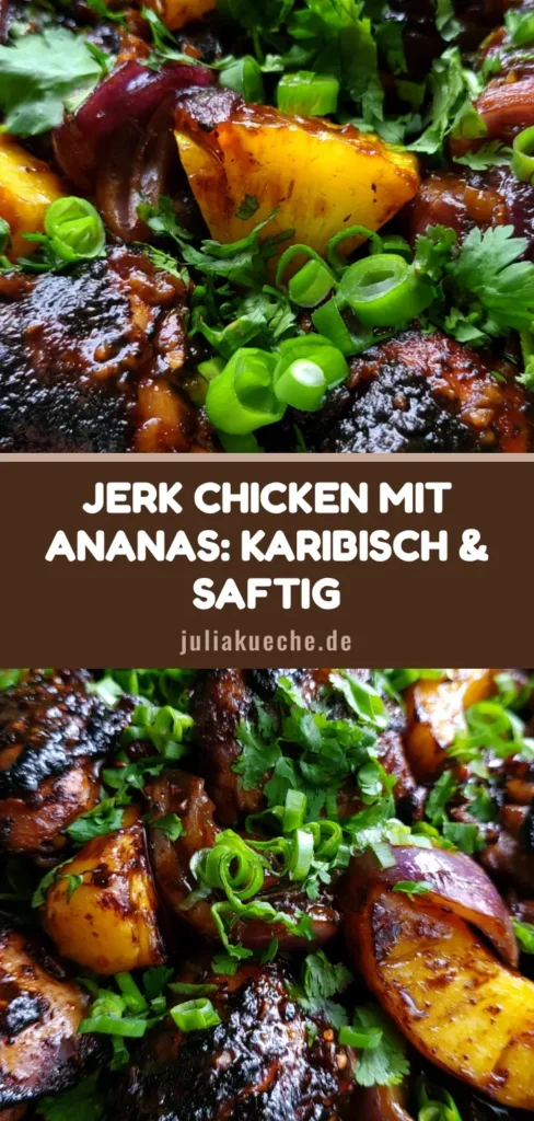 Rustikale Schüssel mit Jerk Chicken mit Ananas, dunkel glasierte Hähnchenschenkel, karamellisierte Ananas und rote Zwiebeln, garniert mit Koriander.