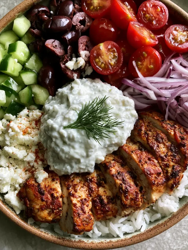 Nahaufnahme einer mediterranen Hähnchen Gyro Bowl mit frischen Tomaten, Gurken und cremigem Tzatziki.