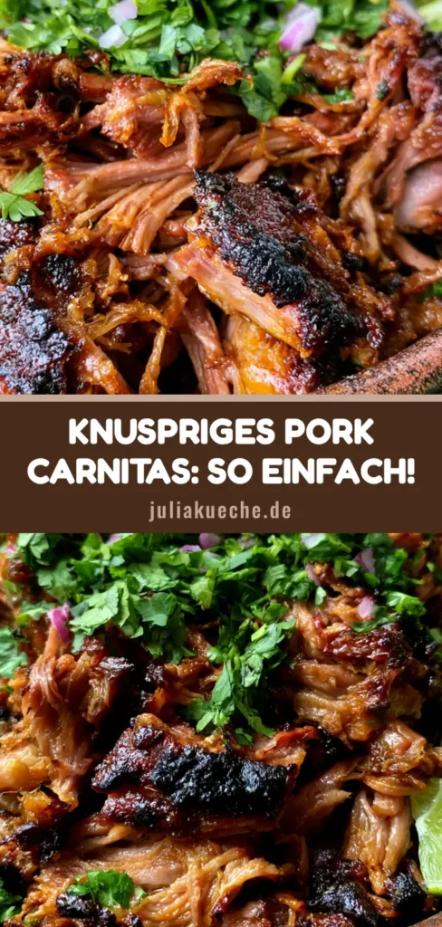 Pork Carnitas Rezept: Saftiges mexikanisches Pulled Pork mit Knusper-Garantie 3 Nahaufnahme von gezupftem Schweinefleisch mit knusprigen Rändern in einer dunklen Schüssel. (Pork Carnitas Rezept)