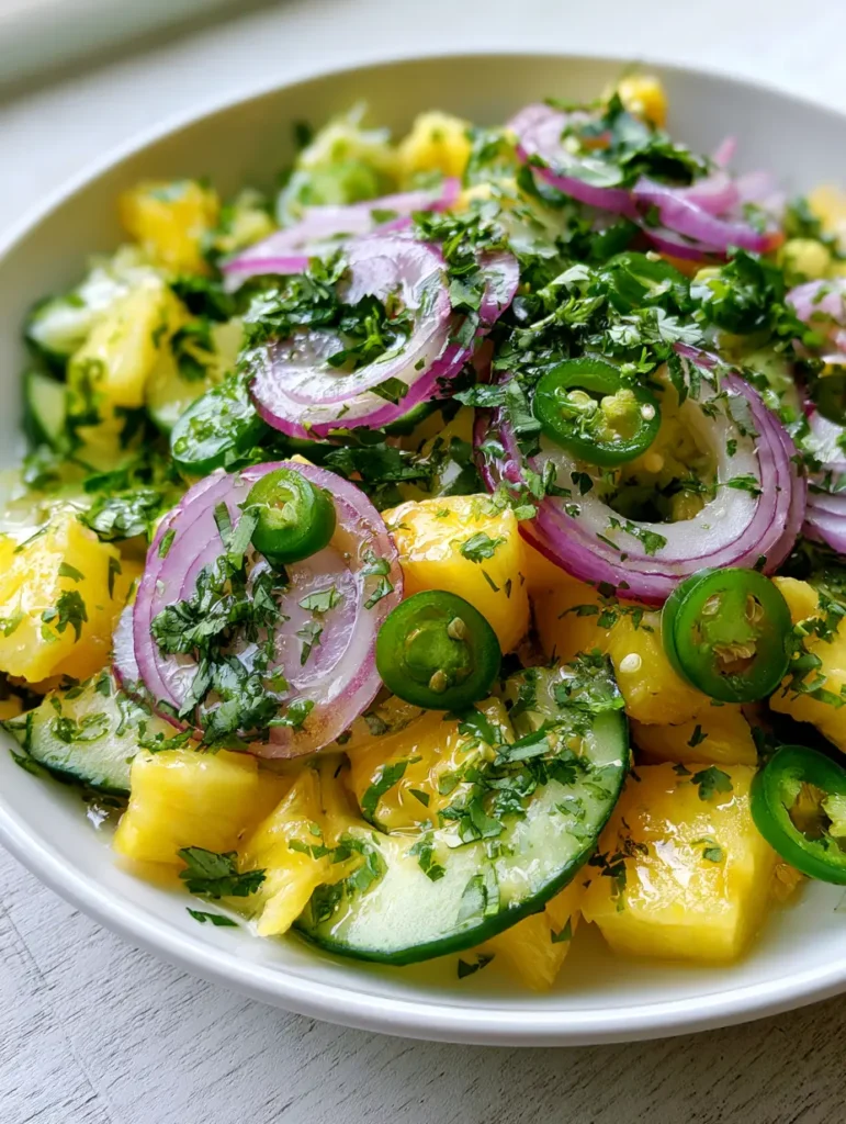 Ananas-Gurken-Salat: Das ultimative Rezept für fruchtige Frische 1 Draufsicht auf einen frischen Ananas-Gurken-Salat in einer weißen Keramikschale.