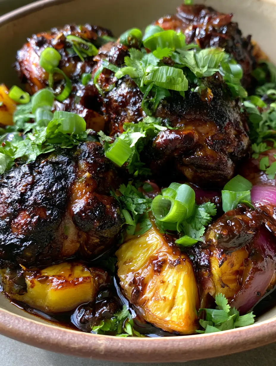 Nahaufnahme von Jerk Chicken mit Ananas in einer Schüssel, glänzende dunkle Sauce und frische Kräuter.