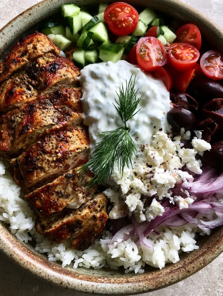 Handgehaltenes Foto einer Hähnchen Gyro Bowl in einem rustikalen Keramikteller bei Tageslicht.