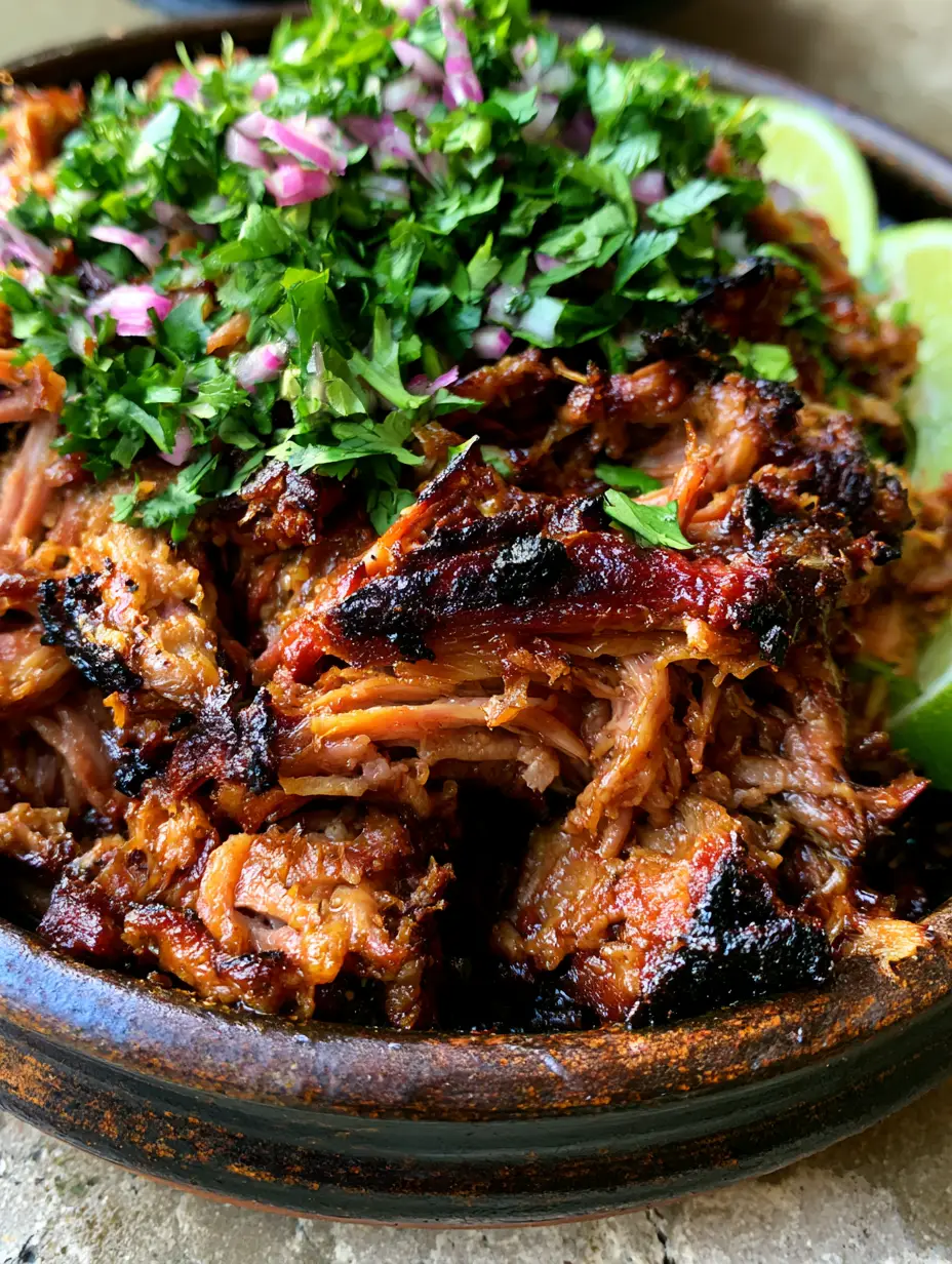Pork Carnitas Rezept: Saftiges mexikanisches Pulled Pork mit Knusper-Garantie 4 Detaillierte Ansicht der Pork Carnitas mit Koriander und roten Zwiebeln. (Pork Carnitas Rezept)