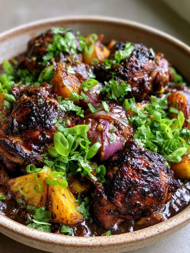 Servierfertiges Jerk Chicken mit Ananas, karamellisierte Zwiebeln und goldene Ananasstücke sichtbar.