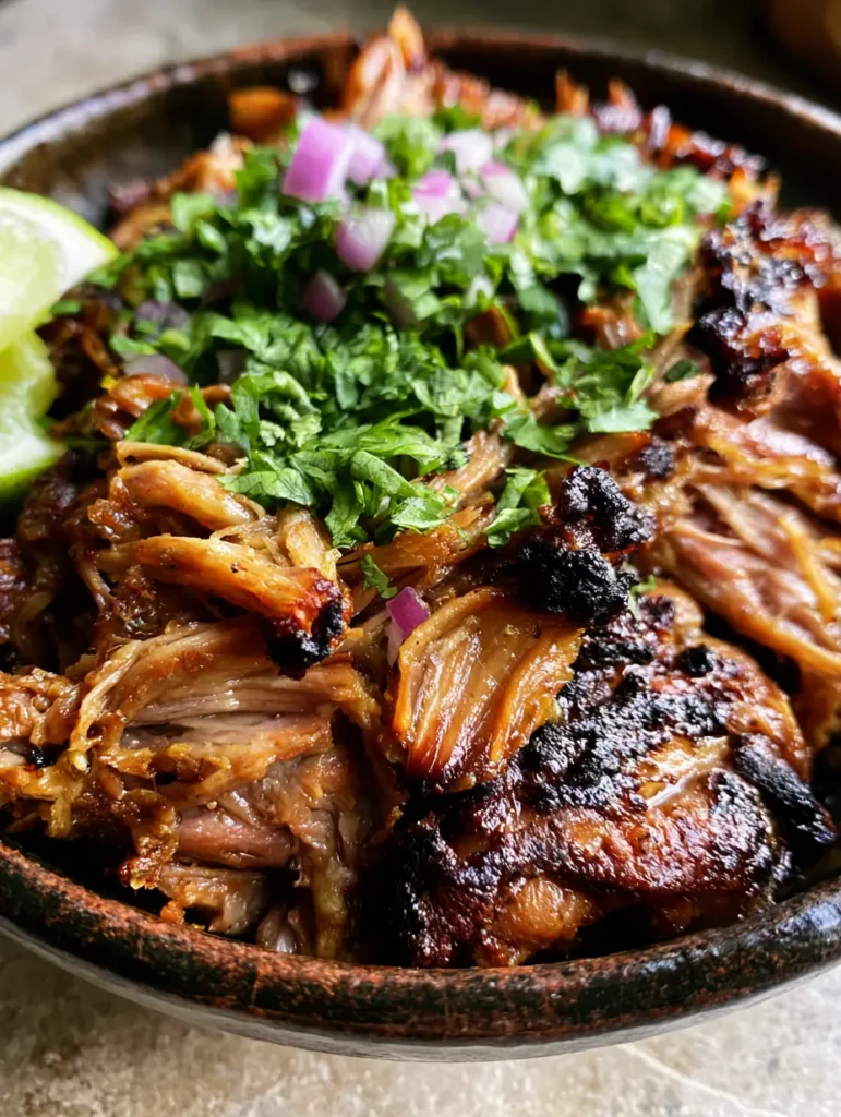 Pork Carnitas Rezept: Saftiges mexikanisches Pulled Pork mit Knusper-Garantie 1 Gezupftes Schweinefleisch mit Fleischsaft und Limetten in einer rustikalen Schüssel.