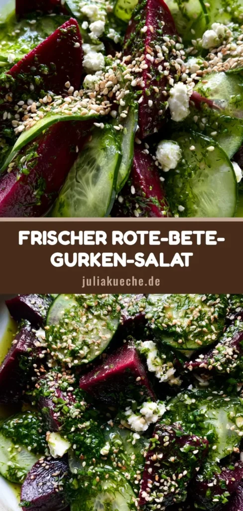 Rote Bete Gurkensalat: Die ultimative Farbbombe mit Feta und Kräuteröl 4 Nahaufnahme von Rote Bete Gurkensalat in einer weißen Schale mit Feta und Kräuteröl, Pinterest-optimiert.