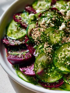 Draufsicht auf einen lebendigen Rote Bete Gurkensalat mit tiefroten Betespalten und grünen Gurkenscheiben.