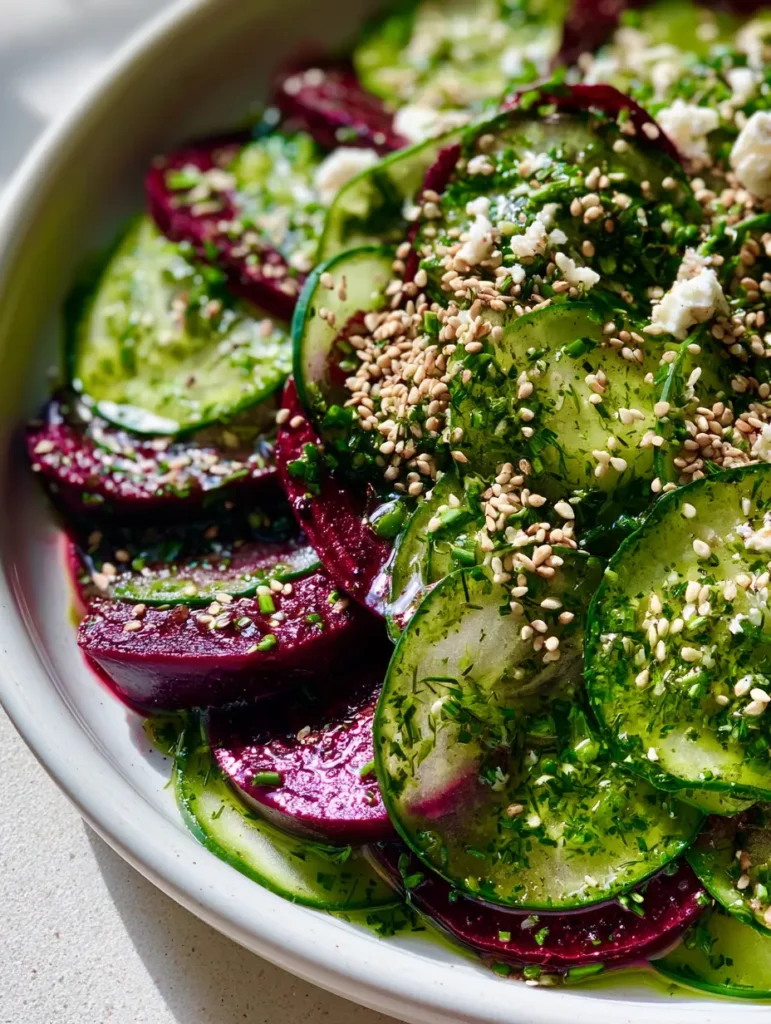 Draufsicht auf einen lebendigen Rote Bete Gurkensalat mit tiefroten Betespalten und grünen Gurkenscheiben.